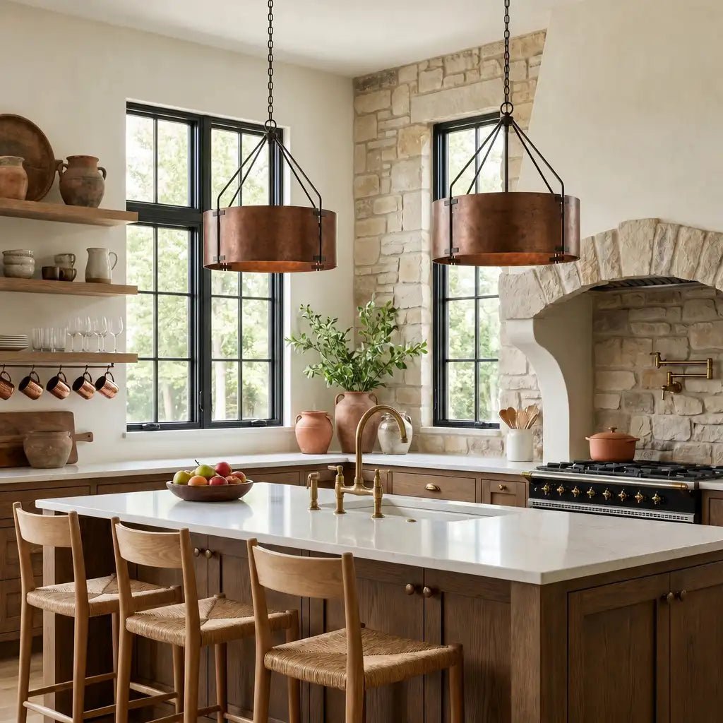 Rustic Bronze Industrial Drum Shade Pendant Light for Kitchen Dining Room Entryway - Image 2