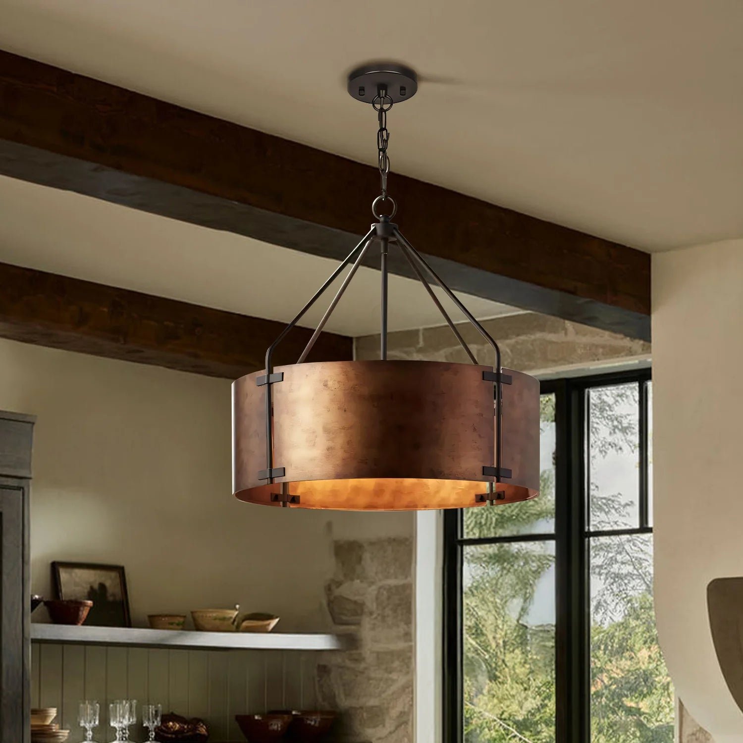 Rustic Bronze Industrial Drum Shade Pendant Light for Kitchen Dining Room Entryway - Image 4