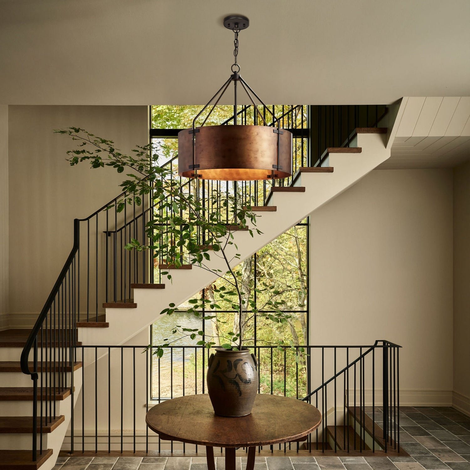 Rustic Bronze Industrial Drum Shade Pendant Light for Kitchen Dining Room Entryway - Image 8