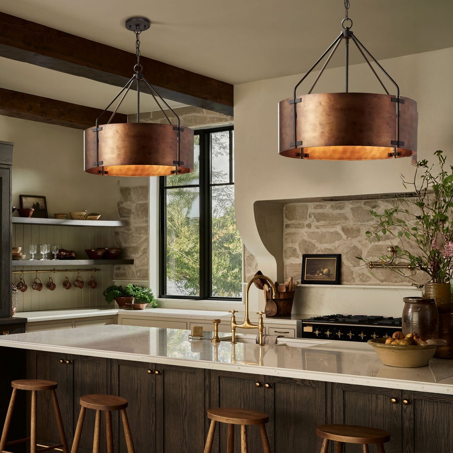 Rustic Bronze Industrial Drum Shade Pendant Light for Kitchen Dining Room Entryway - Image 10