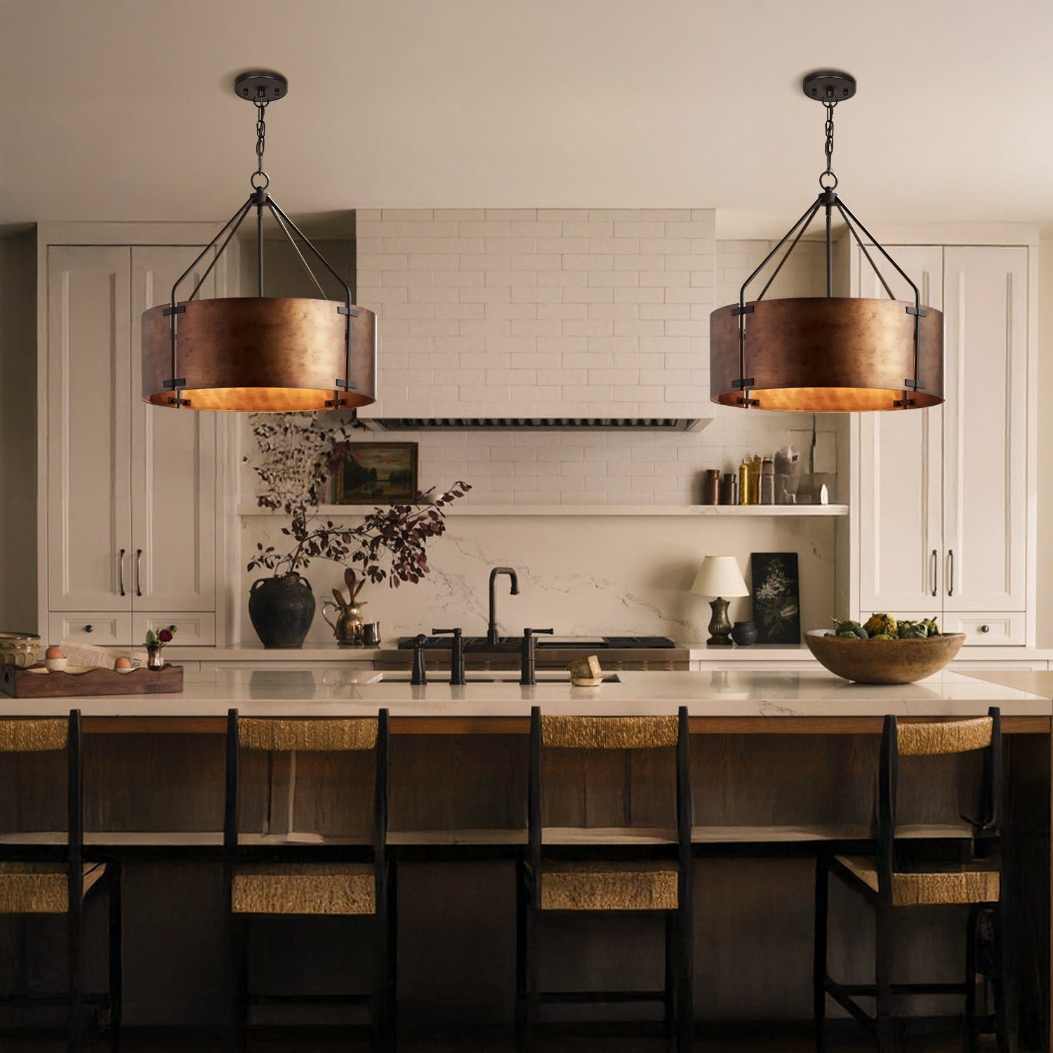 Rustic Bronze Industrial Drum Shade Pendant Light for Kitchen Dining Room Entryway - Image 12