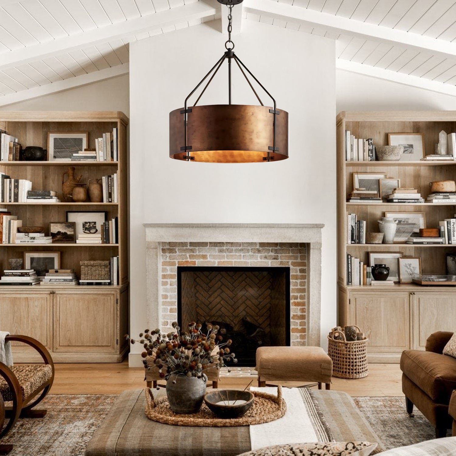 Rustic Bronze Industrial Drum Shade Pendant Light for Kitchen Dining Room Entryway - Image 13