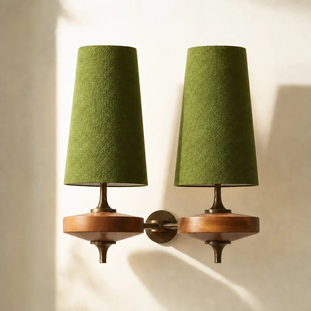 Vintage Fabric Tapered Wall Sconce with Wood Base and Metal Frame for Bedroom Hallway Living Room