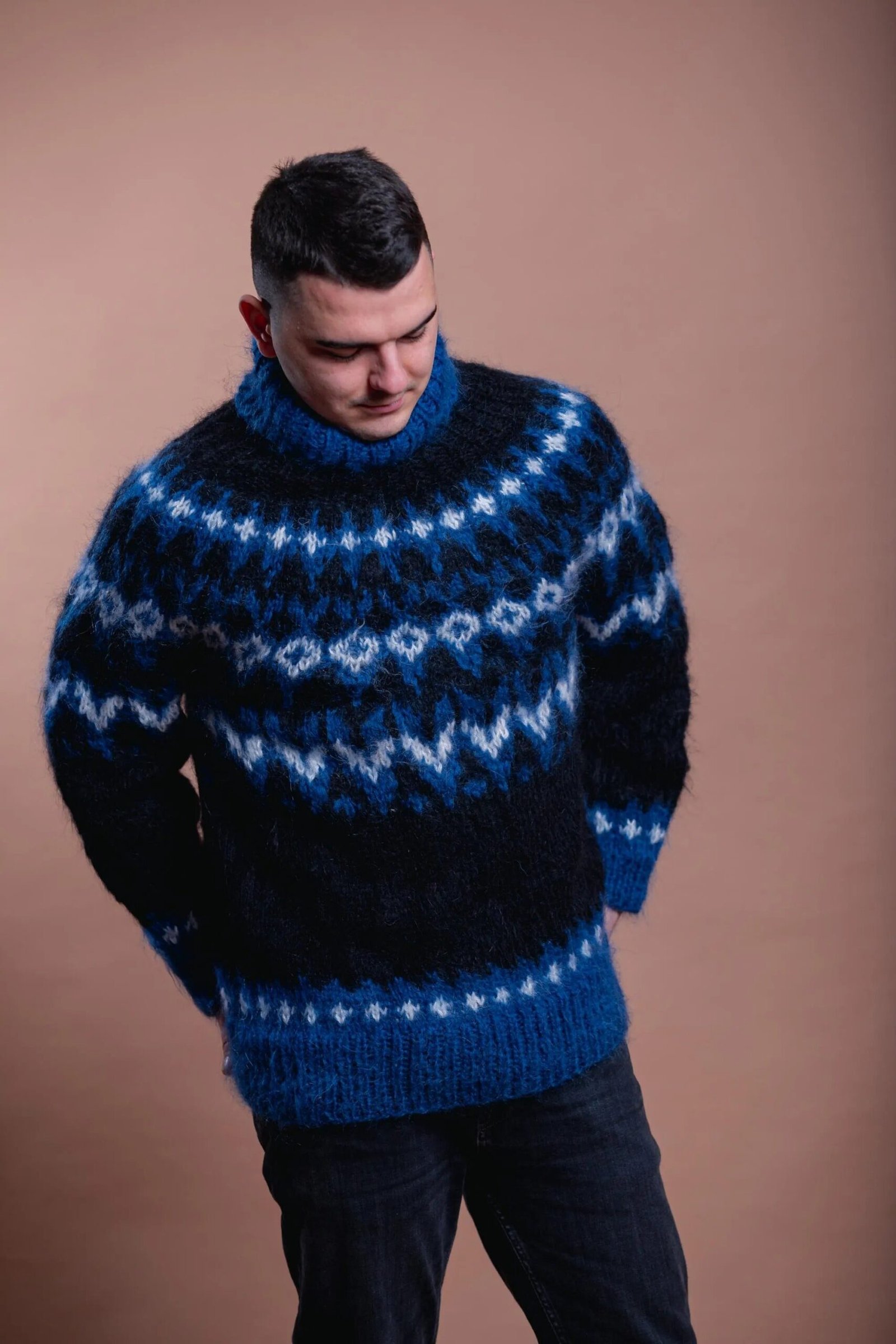 Nordic Mohair Men’s Cozy Pullover, Blue Patterned Handmade Warm Sweater - Image 2