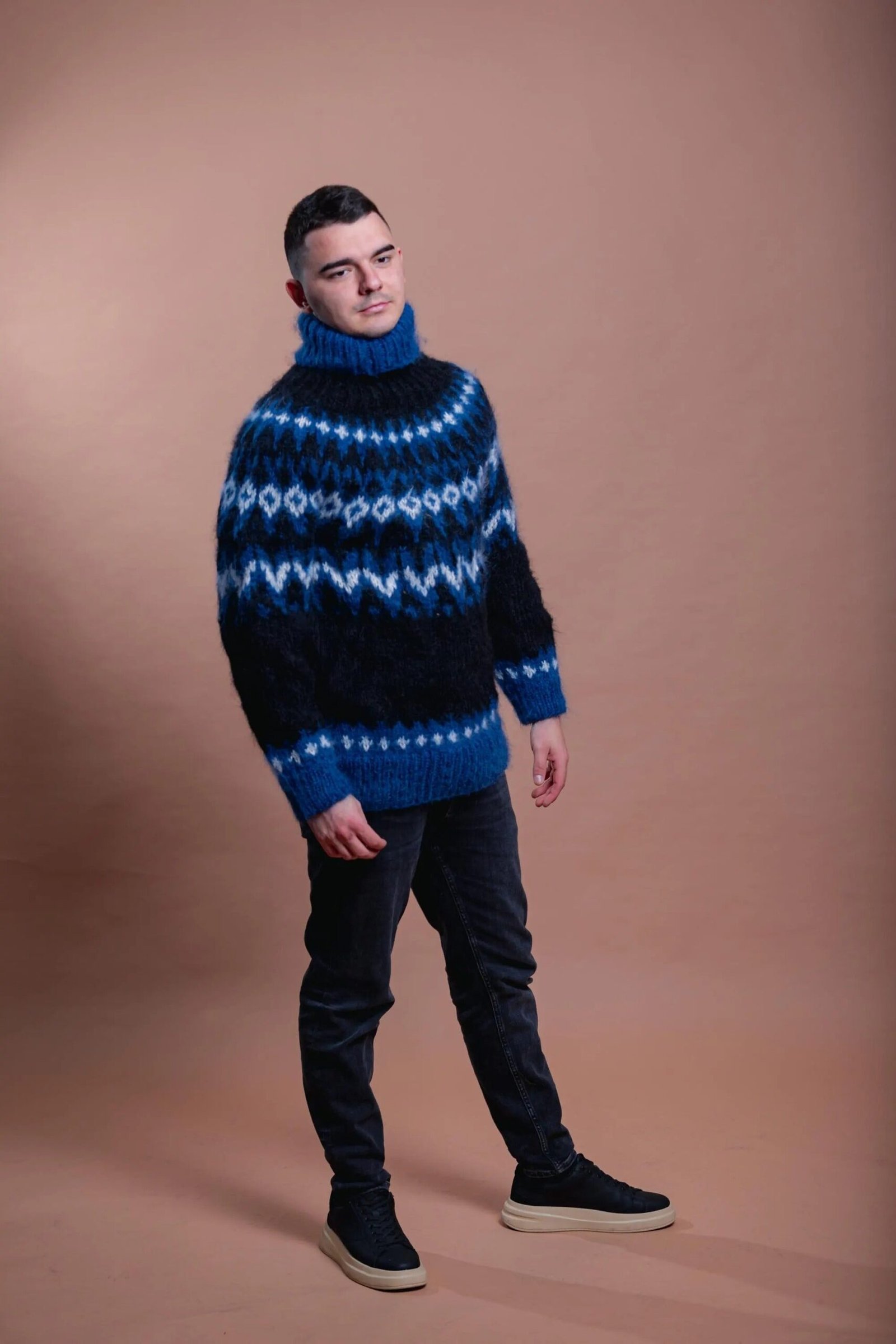 Nordic Mohair Men’s Cozy Pullover, Blue Patterned Handmade Warm Sweater - Image 3