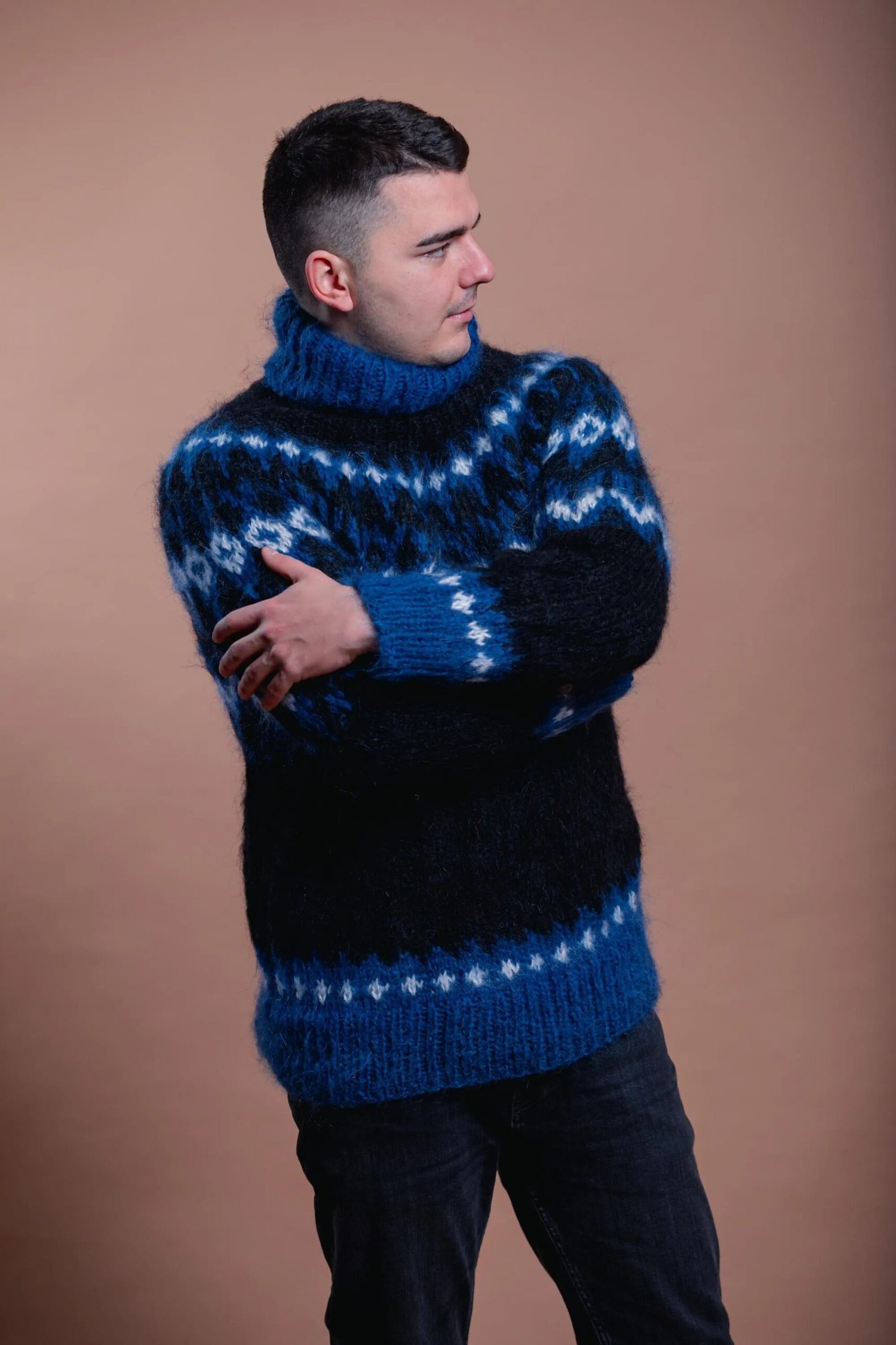 Nordic Mohair Men’s Cozy Pullover, Blue Patterned Handmade Warm Sweater - Image 4