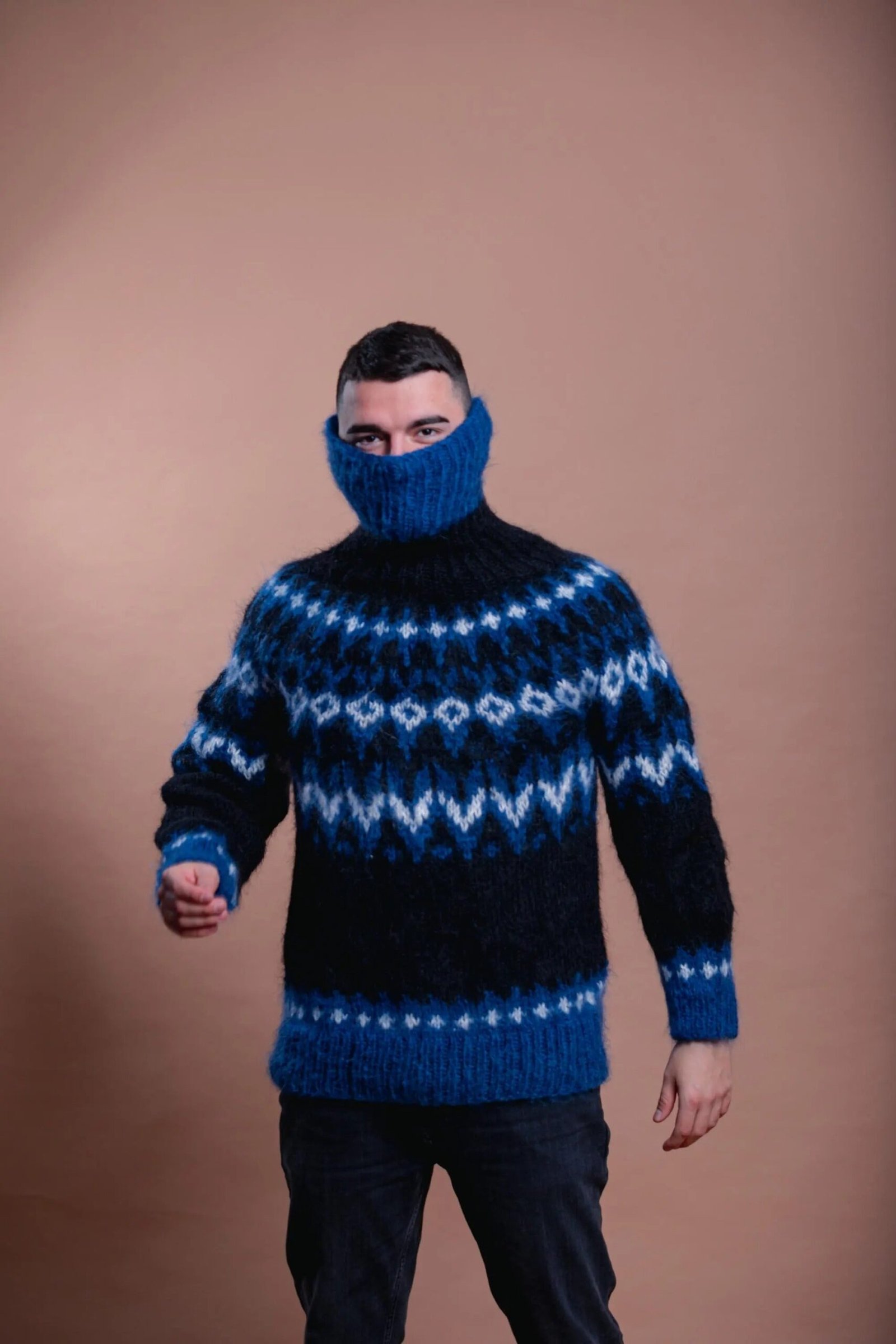 Nordic Mohair Men’s Cozy Pullover, Blue Patterned Handmade Warm Sweater - Image 5