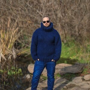 High Neck Dark Blue Men’s Cozy Sweater,  Soft Warm Mohair Blend Pullover