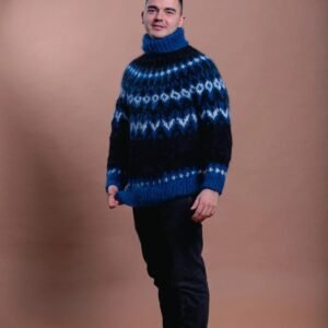 Nordic Mohair Men’s Cozy Pullover, Blue Patterned Handmade Warm Sweater