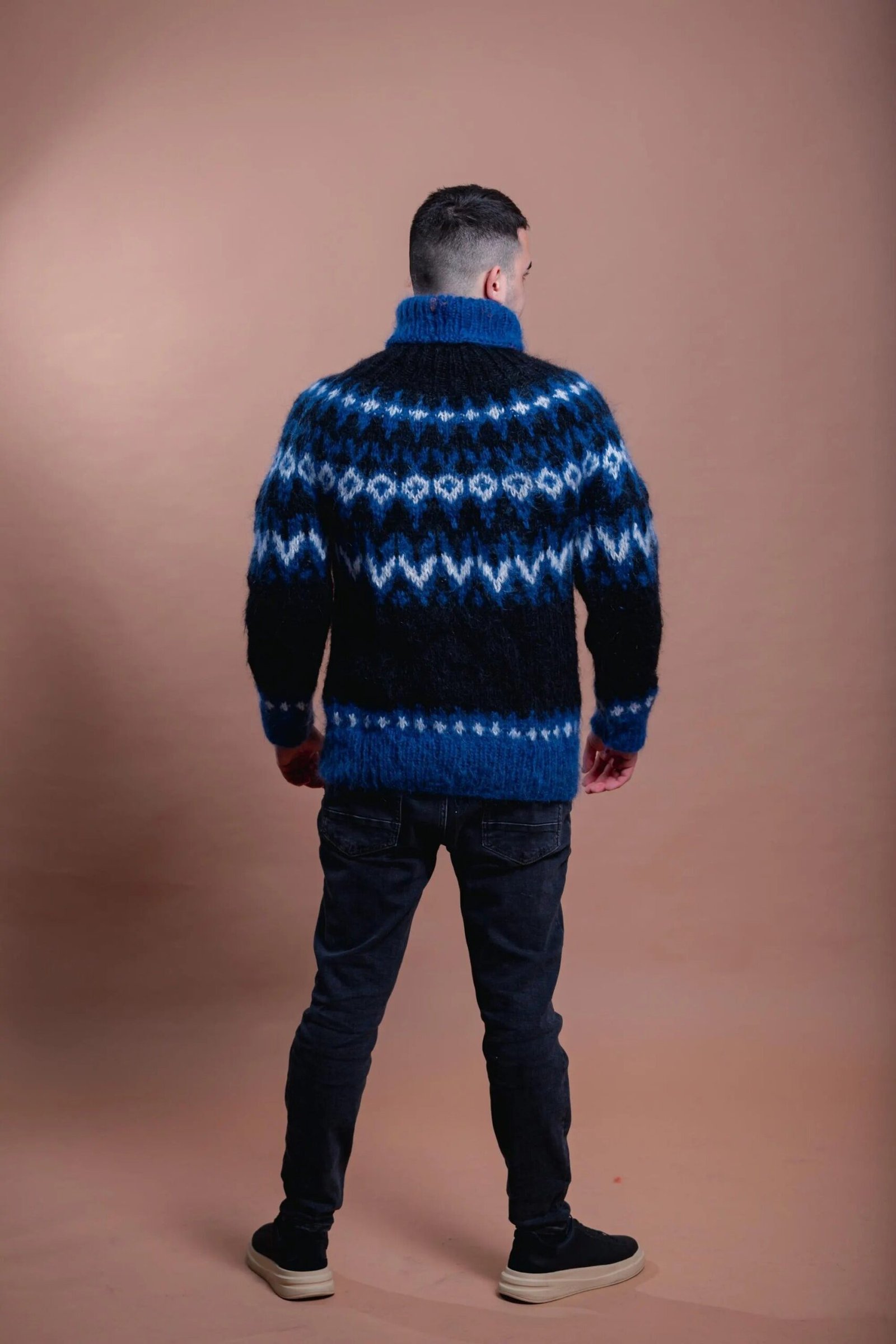 Nordic Mohair Men’s Cozy Pullover, Blue Patterned Handmade Warm Sweater - Image 6