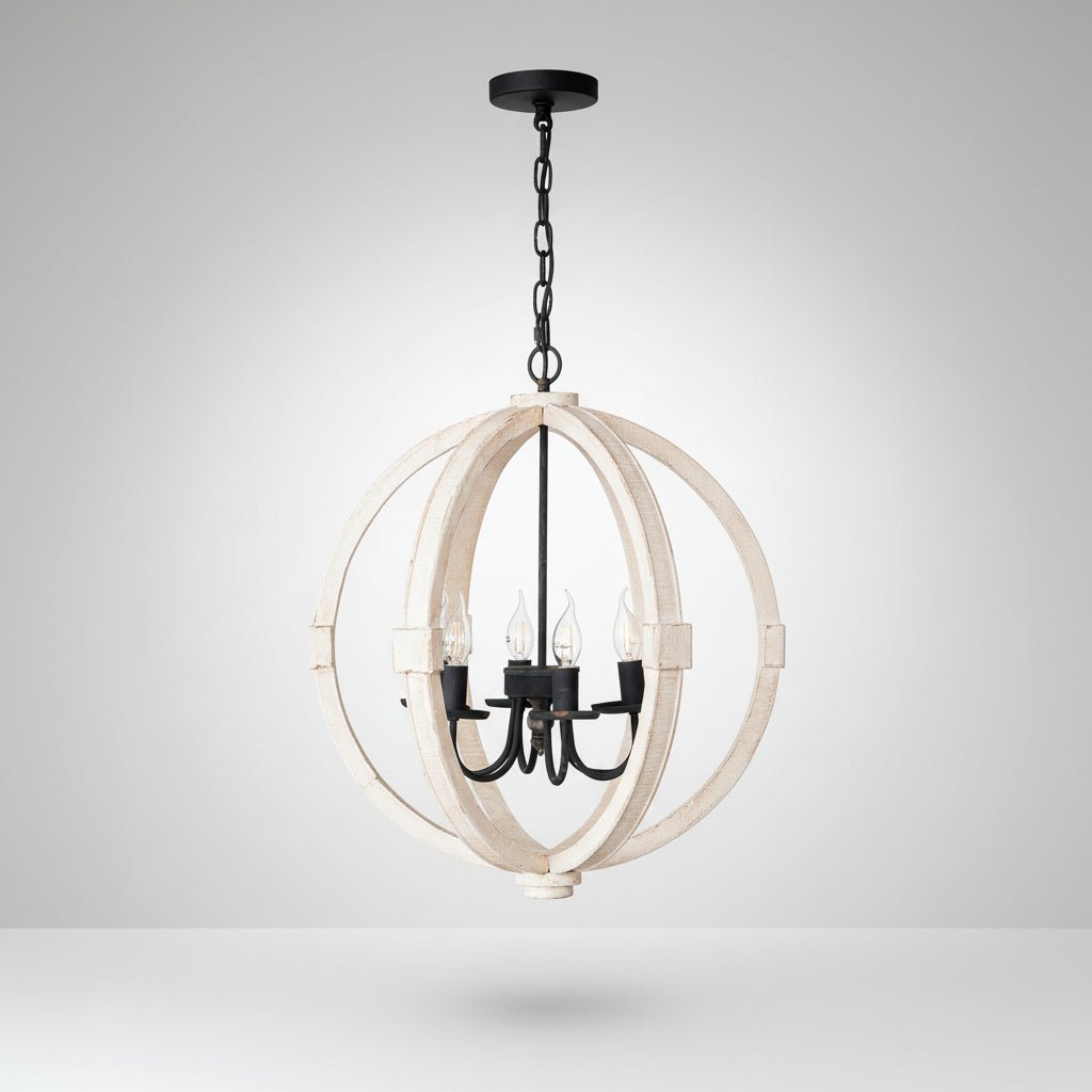 6 Light Wood Chandelier White Ceiling Light Fixture for Kitchen Dining Room Entryway Foyer - Image 2
